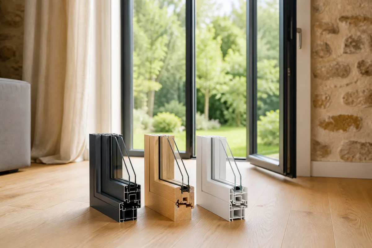 Coupe de trois profilés de fenêtre en aluminium, bois et PVC côte à côte