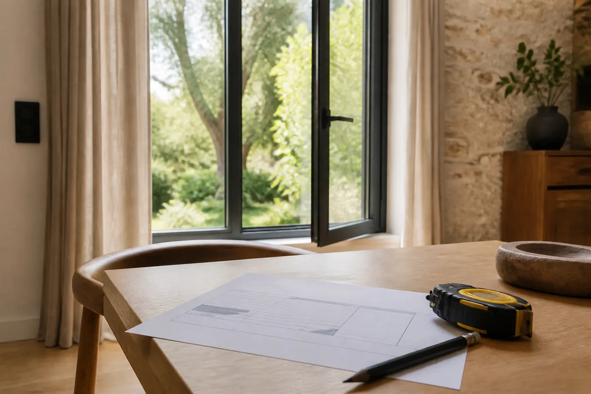 Devis de menuiserie détaillé posé sur une table avec un mètre et un crayon