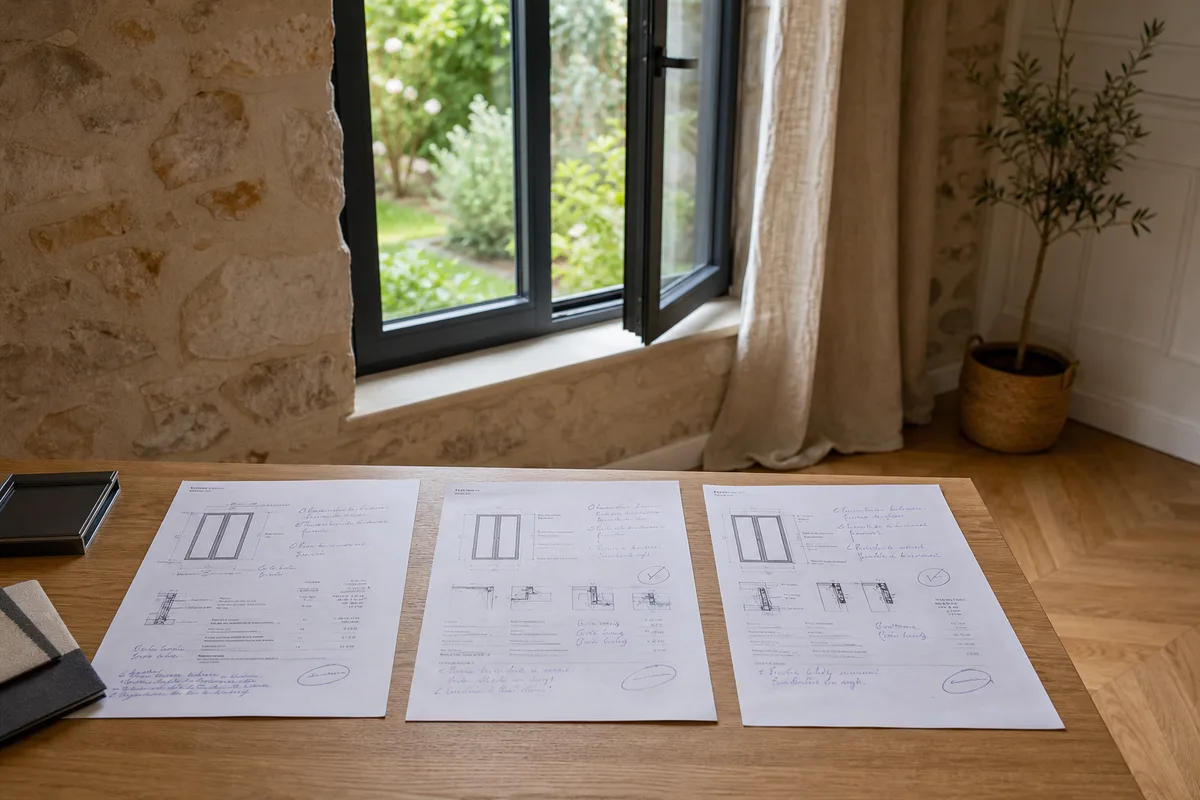 Trois devis de menuiserie comparés côte à côte avec annotations manuscrites