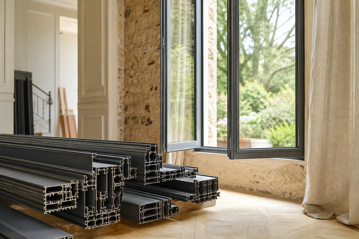 Profilés aluminium thermolaqués empilés dans un atelier de menuiserie
