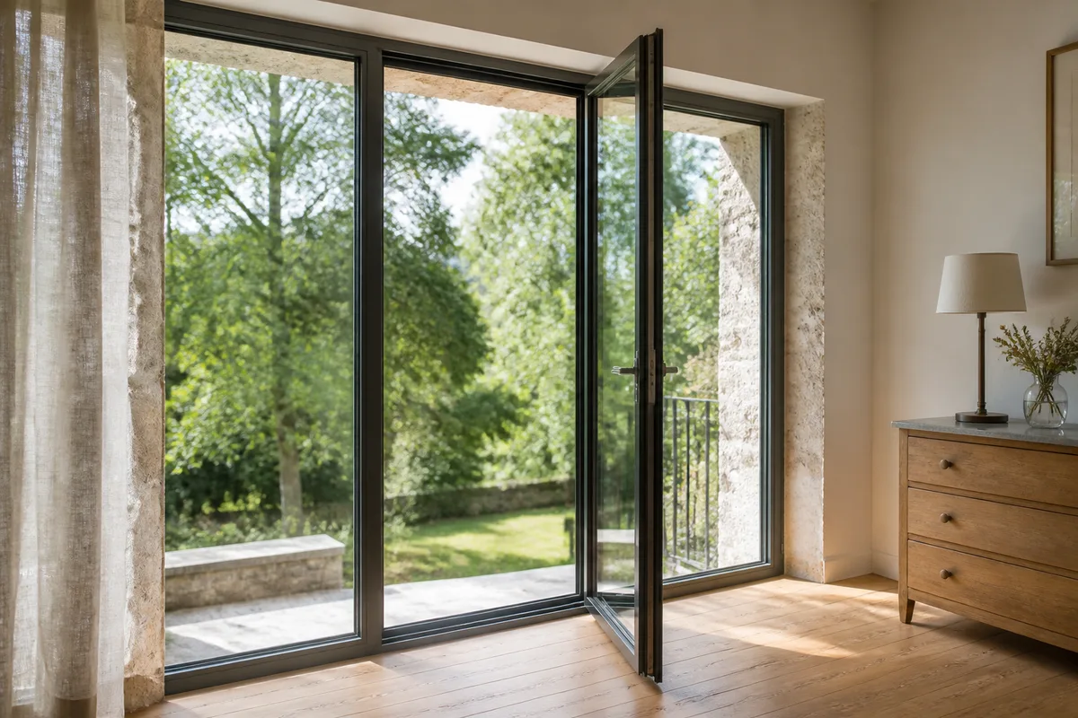 Grande baie vitrée aluminium ouvrant sur un jardin arboré
