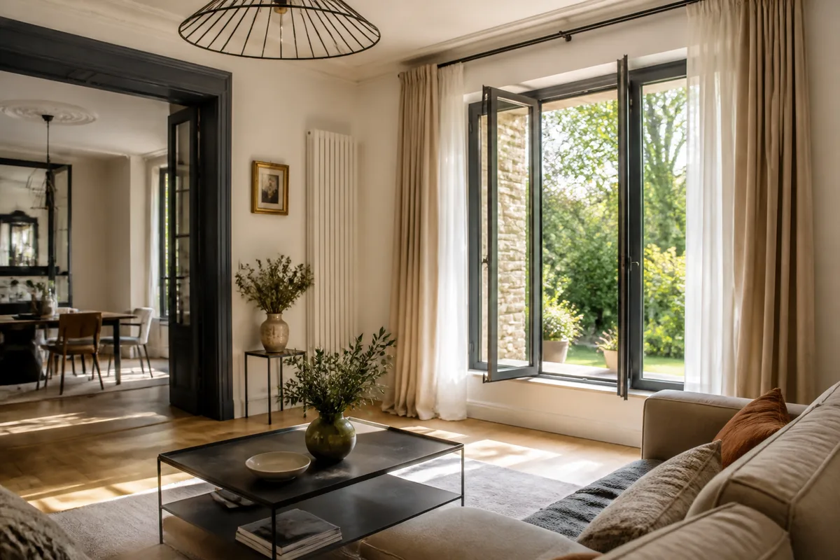 Fenêtre en aluminium à profilés fins ouverte sur un jardin arboré des Yvelines
