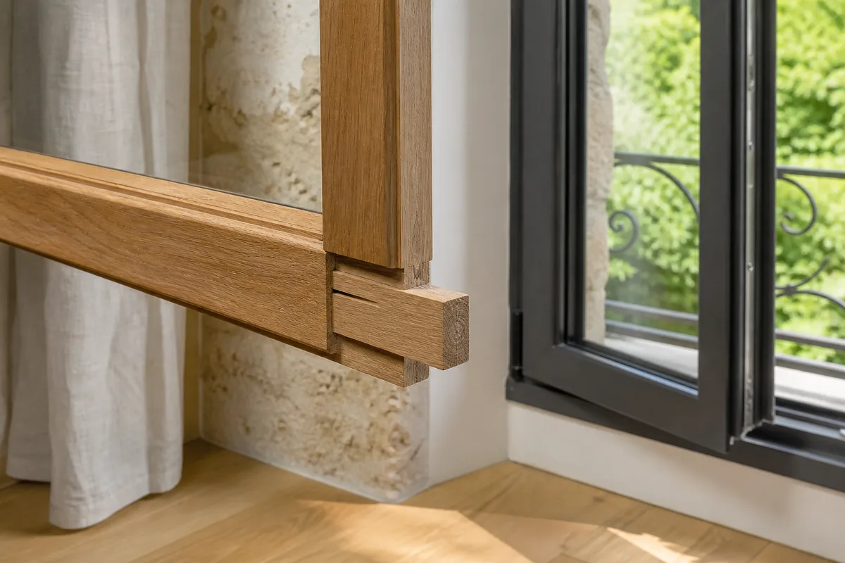 Assemblage à tenon et mortaise sur un ouvrant de fenêtre en bois