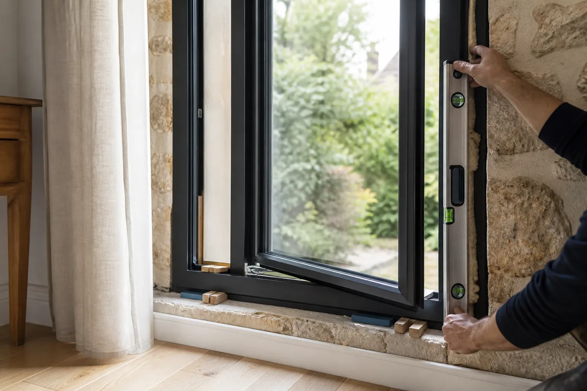 Pose d&rsquo;une fenêtre neuve avec calage et niveau à bulle sur un chantier